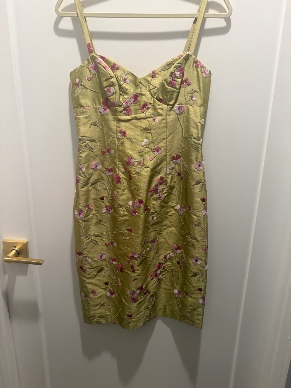 Nicole Miller Olive Green Satin Floral Slip Dress with Pink Blossoms